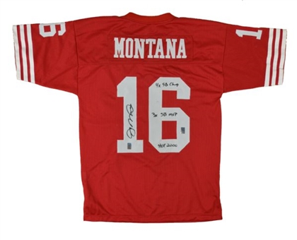 Joe Montana signed triple inscribed jersey